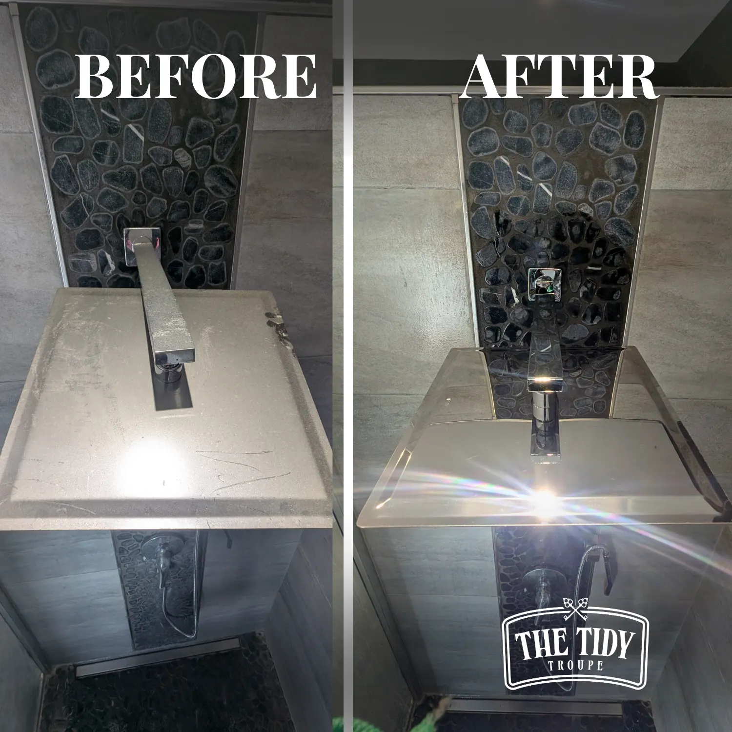 Bathroom limescale before and after a Tidy Troupe clean