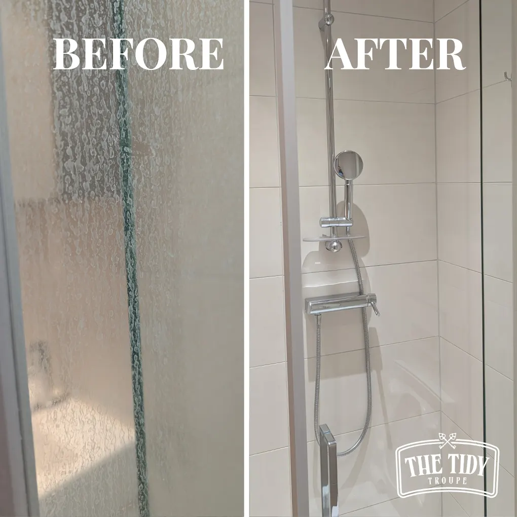 Shower glass with limescale before and after cleaning