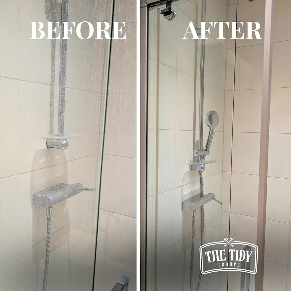 Shower wall limescale removed, before and after